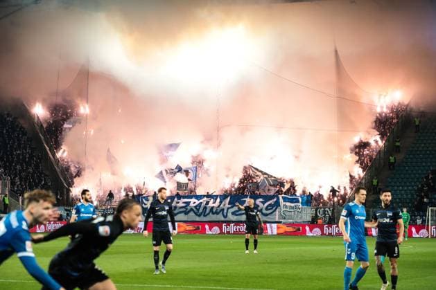 Pyrotechnics in the fan block of Hertha BSC Berlin 2 Soccer Bundesliga season 2024 2025 1 FC Magdeburg vs Hertha BSC Berlin at the Avnet Arena in Magdeburg Soccer,Man,Men,Germany,29 11 2024