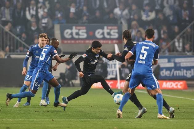 Ibrahim Maza Hertha BSC Berlin,10 2 Soccer Bundesliga Season 2024 2025 1 FC Magdeburg vs Hertha BSC Berlin at the Avnet Arena in Magdeburg Action,Soccer,Man,Men,Germany,29 11 2024