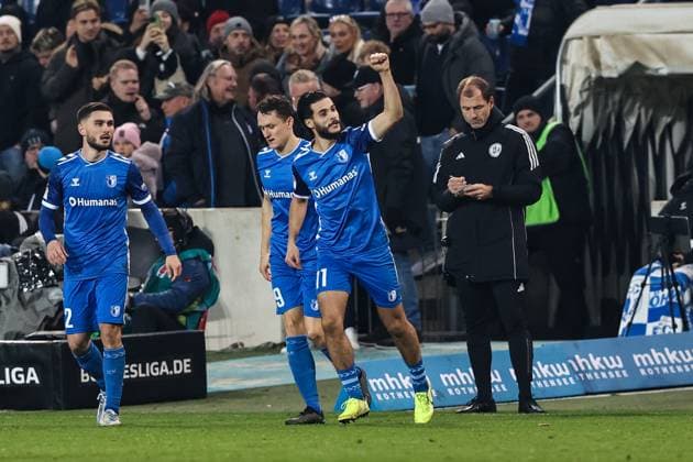 Goalscorer Mohammed El Hankouri 1 FC Magdeburg,11 scores to 1 0 2 Soccer Bundesliga Season 2024 2025 1 FC Magdeburg vs Hertha BSC Berlin at the Avnet Arena in Magdeburg Action,Soccer,Man,Men,Germany,29 11 2024