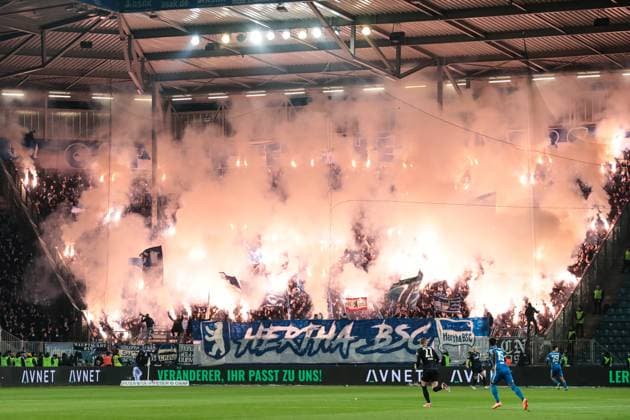 Pyrotechnics in the fan block of Hertha BSC Berlin 2 Soccer Bundesliga season 2024 2025 1 FC Magdeburg vs Hertha BSC Berlin at the Avnet Arena in Magdeburg Soccer,Man,Men,Germany,29 11 2024