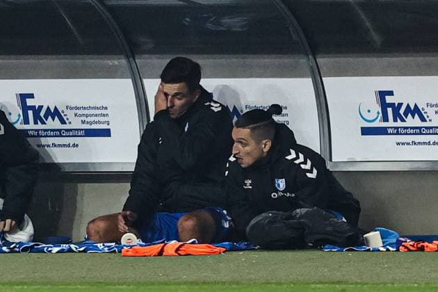 Substitution Tobias Müller 1 FC Magdeburg,5 with Baris Atik 1 FC Magdeburg,23 2 Soccer Bundesliga Season 2024 2025 1 FC Magdeburg vs Hertha BSC Berlin at the Avnet Arena in Magdeburg Soccer,Man,Men,Germany,29 11 2024