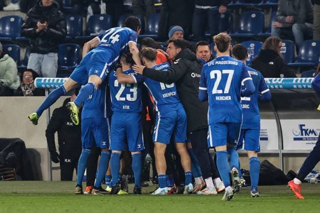 Goalscorer Mohammed El Hankouri 1 FC Magdeburg,11 scores to 1 0 2 Soccer Bundesliga Season 2024 2025 1 FC Magdeburg vs Hertha BSC Berlin at the Avnet Arena in Magdeburg Action,Soccer,Man,Men,Germany,29 11 2024