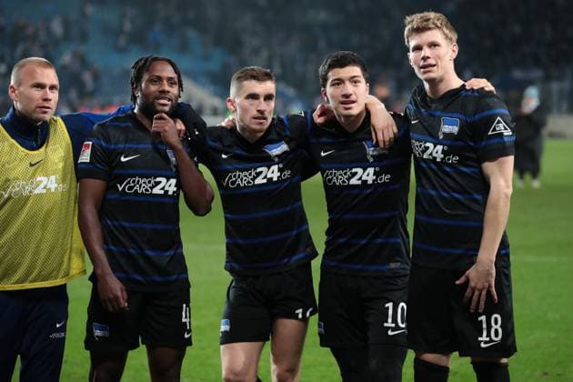 f l Jon Dagur Thorsteinsson Hertha BSC Berlin,24 , Deyovaisio Zeefuik Hertha BSC Berlin,42 , Jonjoe Kenny Hertha BSC Berlin,16 , Ibrahim Maza Hertha BSC Berlin,10 , Luca Schuler Hertha BSC,18 2 Soccer Bundesliga Season 2024 2025 1 FC Magdeburg vs Hertha BSC Berlin at the Avnet Arena in Magdeburg Action,Soccer,Man,Men,Germany,29 11 2024