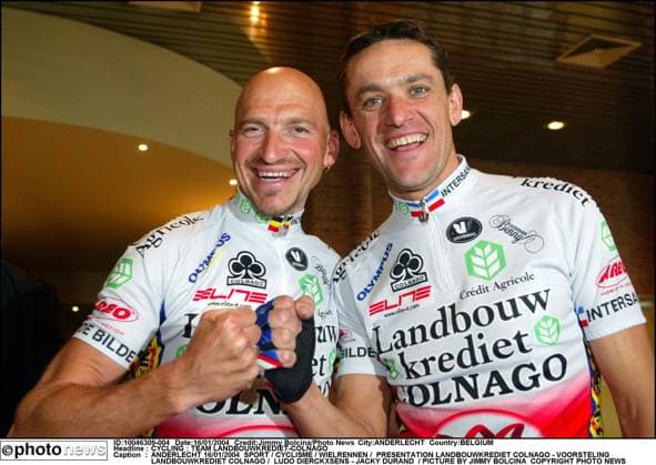 CYCLING : TEAM LANDBOUWKREDIET-COLNAGO ANDERLECHT 16 01 2004 CYCLISME WIELRENNEN PRESENTATION LANDBOUWKREDIET COLNAGO - VOORSTELING LANDBOUWKREDIET COLNAGO LUDO DIERCKXSENS - JACKY DURAND PICTURE BY JIMMY BOLCINA COPYRIGHT PHOTO NEWS ANDERLECHT BELGIUM  Copyright: xJimmyxBolcinax 10046309-004