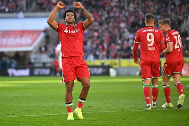 Koeln, Rheinenergiestadion, 30 11 24, GER, Herren, 2 Bundesliga, Saison 2024 2025, 1 FC Koeln Hannover 96 Bild Jessic NGANKAM Hannover jubilates after his goal to 0 1 Only for editorial use DFL regulations prohibit any use of photographs as image sequences and or quasi video NRW Germany