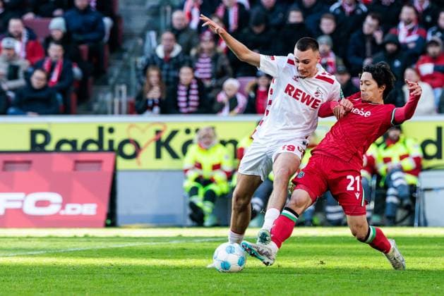 2 Soccer Bundesliga 1 FC Köln Hannover 96 30 11 2024 duel Tim Lemperle 1 FC Köln, 19 , Sei Muroya Hannover 96, 21 2 Soccer Bundesliga, 1 FC Köln Hannover 96, Cologne, Rheinenergiestadion on 30 11 2024 DFL REGULATIONS PROHIBIT ANY USE OF PHOTOGRAPHS AS IMAGE SEQUENCES AND OR QUASI VIDEO Copyright: xBEAUTIFULxSPORTS Wunderlx