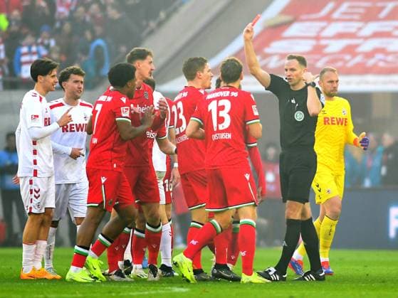 Referee Soeren Storks shows the red card to Max Christiansen Hannover 96 during the 2 Bundesliga match between 1 FC Köln and Hannover 96 at RheinEnergieStadion on November 30, 2024 in Cologne, Germany Germany Photo by Ralf Treese DeFodi Images Referee Soeren Storks shows the red card to Max Christiansen Hannover 96 during the 2 Bundesliga match between 1 FC Köln and Hannover 96 at RheinEnergieStadion on November 30, 2024 in Cologne, Germany Photo by Ralf Treese DeFodi Images DFB DFL REGULATIONS PROHIBIT ANY USE OF PHOTOGRAPHS AS IMAGE SEQUENCES AND OR QUASI VIDEO Defodi 521 KOEH9620241130 026 Defodi-521 DFB DFL REGULATIONS PROHIBIT ANY USE OF PHOTOGRAPHS AS IMAGE SEQUENCES AND OR QUASI-VIDEO.
