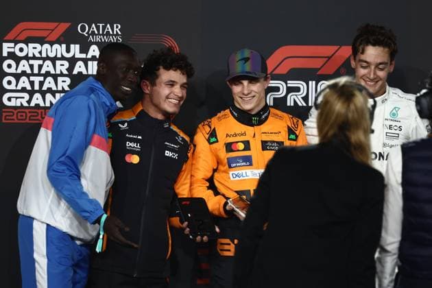 F1 Grand Prix Of Qatar 2024 Sprint Khaby Lame, Oscar Piastri, Lando Norris of McLaren and George Russell of Mercedes after Sprint ahead of the Formula 1 Grand Prix of Qatar at Lusail International Circuit in Lusail, Qatar on November 30, 2024. Lusail Qatar  Copyright: xJakubxPorzyckix originalFilename:porzycki-f1grandp241130_npTTD.jpg