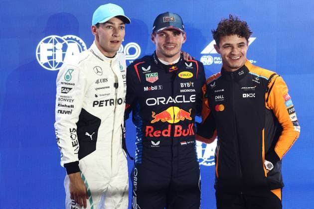 F1 Grand Prix Of Qatar 2024 Qualifying George Russell of Mercedes, Max Verstappen of Red Bull Racing and Lando Norris of McLaren after qualifying ahead of the Formula 1 Grand Prix of Qatar at Lusail International Circuit in Lusail, Qatar on November 30, 2024. Lusail Qatar  Copyright: xJakubxPorzyckix originalFilename:porzycki-f1grandp241130_npH2x.jpg