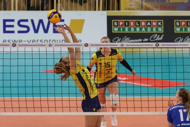 30 11 2024, xusrbx, Volleyball 1 Bundesliga Damen, VC Wiesbaden SSC Palmberg Schwerin emspor, v l Karla Antunovic SSC Palmberg Schwerin, 1 , Elles Dambrink SSC Palmberg Schwerin, 15 , DFL DFB REGULATIONS PROHIBIT ANY USE OF PHOTOGRAPHS as IMAGE SEQUENCES and or QUASI VIDEO Wiesbaden