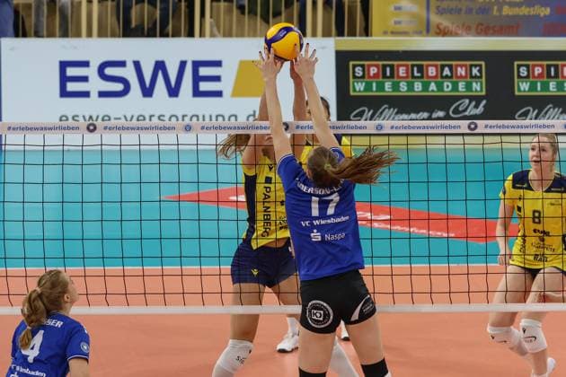 30 11 2024, xusrbx, Volleyball 1 Bundesliga Damen, VC Wiesbaden SSC Palmberg Schwerin emspor, v l Karla Antunovic SSC Palmberg Schwerin, 1 , Rachel Gomez VC Wiesbaden, 17 , DFL DFB REGULATIONS PROHIBIT ANY USE OF PHOTOGRAPHS as IMAGE SEQUENCES and or QUASI VIDEO Wiesbaden