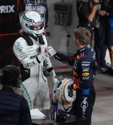 30 11 2024, Losail International Circuit, Doha, Formula 1 Qatar Airways Qatar Grand Prix 2024 ,in the picture George Russell GBR , Mercedes AMG Petronas Formula One Team congratulates Max Verstappen NLD , Oracle Red Bull Racing on pole position Photo by Hasan Bratic DeFodi Images Defodi 506 20241130 hbr 4098 Defodi-506