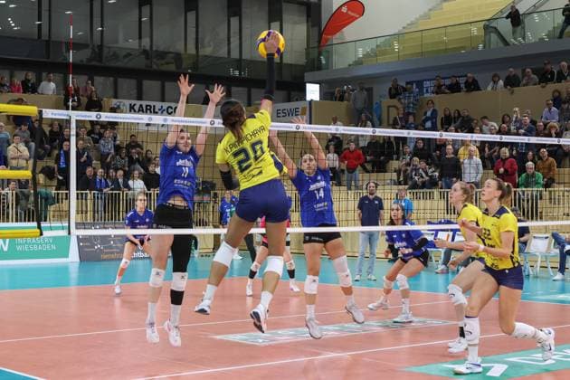 30 11 2024, xusrbx, Volleyball 1 Bundesliga Damen, VC Wiesbaden SSC Palmberg Schwerin emspor, v l Celine Jebens VC Wiesbaden, 11 , Pimpichaya Beem Kokeam SSC Palmberg Schwerin, 28 , DFL DFB REGULATIONS PROHIBIT ANY USE OF PHOTOGRAPHS as IMAGE SEQUENCES and or QUASI VIDEO Wiesbaden