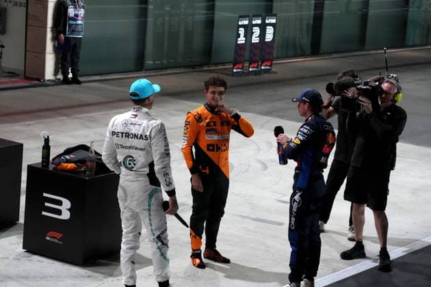 Formula 1 Qatar Airways Qatar Grand Prix 2024 30 11 2024, Losail International Circuit, Doha, Formula 1 Qatar Airways Qatar Grand Prix 2024 ,pictured 3 grid position for Lando Norris GBR , McLaren F1 Team, pole position for Max Verstappen NLD , Oracle Red Bull Racing, 2 grid position for George Russell GBR , Mercedes AMG Petronas Formula One Team nordphotoxGmbHx xBratic nph00250