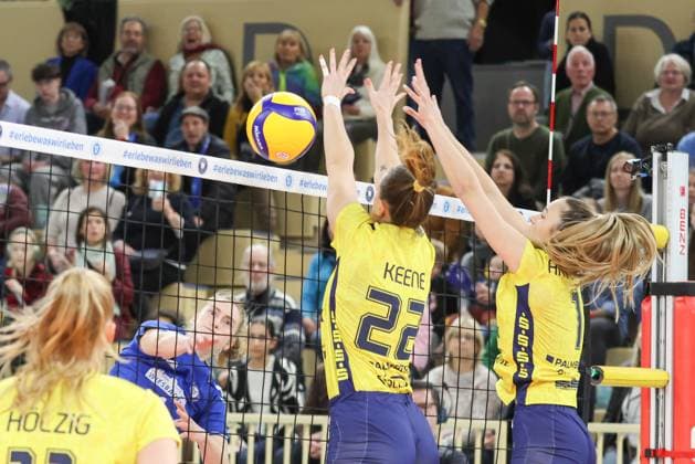 30 11 2024, xusrbx, Volleyball 1 Bundesliga Damen, VC Wiesbaden SSC Palmberg Schwerin emspor, v l Tanja Grosser VC Wiesbaden, 4 , Jaeliyn Keene SSC Palmberg Schwerin, 22 , Karla Antunovic SSC Palmberg Schwerin, 1 , DFL DFB REGULATIONS PROHIBIT ANY USE OF PHOTOGRAPHS as IMAGE SEQUENCES and or QUASI VIDEO Wiesbaden