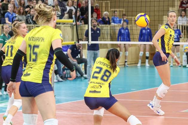 30 11 2024, xusrbx, Volleyball 1 Bundesliga Damen, VC Wiesbaden SSC Palmberg Schwerin emspor, v l Elles Dambrink SSC Palmberg Schwerin, 15 , Pimpichaya Beem Kokeam SSC Palmberg Schwerin, 28 , Jaeliyn Keene SSC Palmberg Schwerin, 22 , DFL DFB REGULATIONS PROHIBIT ANY USE OF PHOTOGRAPHS as IMAGE SEQUENCES and or QUASI VIDEO Wiesbaden
