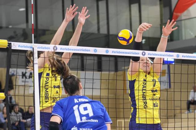 30 11 2024, xusrbx, Volleyball 1 Bundesliga Damen, VC Wiesbaden SSC Palmberg Schwerin emspor, v l Karla Antunovic SSC Palmberg Schwerin, 1 , , Greta Kiss VC Wiesbaden, 19 , Meg Wolowicz SSC Palmberg Schwerin, 7 , DFL DFB REGULATIONS PROHIBIT ANY USE OF PHOTOGRAPHS as IMAGE SEQUENCES and or QUASI VIDEO Wiesbaden