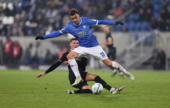 30 11 2024, xdcx, Soccer 2 Bundesliga, SV Darmstadt 98 SC Preußen Münster, emonline, emspor, despor, v l , Luca Bazzoli SC Preußen Münster , Philipp Förster SV Darmstadt 98 DFL DFB REGULATIONS PROHIBIT ANY USE OF PHOTOGRAPHS AS IMAGE SEQUENCES AND OR QUASI VIDEO Copyright: HMBxMedia Claus