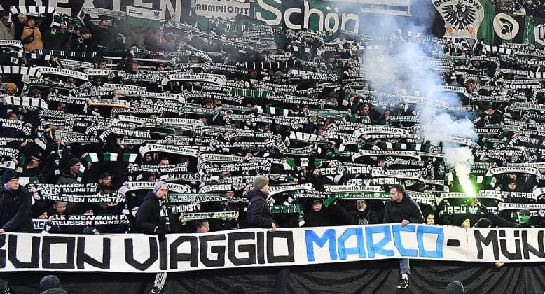 30 11 2024, xhbx, Soccer 2 Bundesliga, SV Darmstadt 98 Preussen Münster emspor, v l Fans, Mood, Flag, Choreo, Scarves of Preußen Münster DFL DFB REGULATIONS PROHIBIT ANY USE OF PHOTOGRAPHS as IMAGE SEQUENCES and or QUASI VIDEO Darmstadt