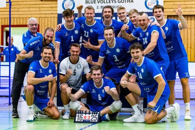 30 11 2024, GER, Volleyball, 2 BL Maenner Sued, Saison 2024 2025, Blue Volleys Gotha TV 1861 Rottenburg the Blue Volleys Gotha win in 3 sets against the TV 1861 Rottenburg 99867 Gotha Sporthalle Sportanlage Ernesti Thüringen Germany