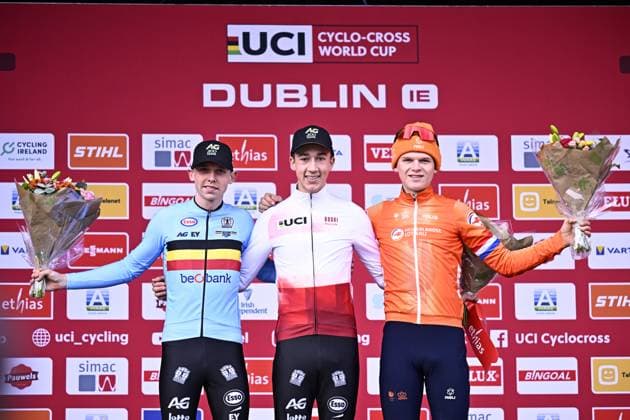 Belgian Aaron Dockx, Belgian Jente Michels and Dutch David Haverdings celebrate on the podium after the men s U23 race of the World Cup cyclocross cycling event in Dublin, Ireland, stage 2 (out of 12) of the UCI World Cup cyclocross competition, Sunday 01 December 2024. JASPERxJACOBS  x106940698x