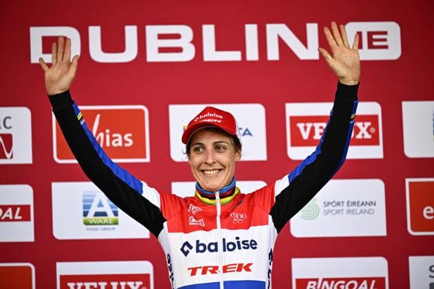 Dutch Lucinda Brand celebrates on the podium after winning the women s elite race of the World Cup cyclocross cycling event in Dublin, Ireland, stage 2 (out of 12) of the UCI World Cup cyclocross competition, Sunday 01 December 2024. JASPERxJACOBS  x106948131x