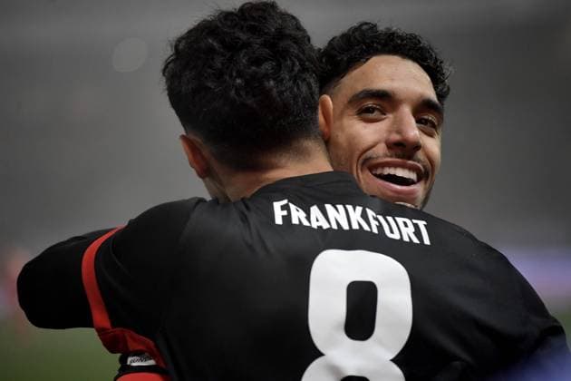 01 12 2024, xemx, Fußball 1 Bundesliga, 1 FC Heidenheim Eintracht Frankfurt emspor, v l Torjubel nach dem Tor zum celebrating the goal celebrate 0 2 Fares Chaibi Eintracht Frankfurt Omar Marmoush Eintracht Frankfurt DFL DFB REGULATIONS PROHIBIT ANY USE OF PHOTOGRAPHS as IMAGE SEQUENCES and or QUASI VIDEO Heidenheim