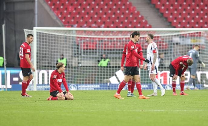 01 12 2024 Soccer season 2024 2025 2 Soccer Bundesliga 14 Matchday 1 FC Nürnberg FCN Club Fortuna Düsseldorf 1895 F95 Sportfoto Zink DaMa xdaxmax DFL regulations prohibit any use of photographs as image sequences and or quasi video only for editorial use Team Team of FCN disappointed Disappointment after the end of the match