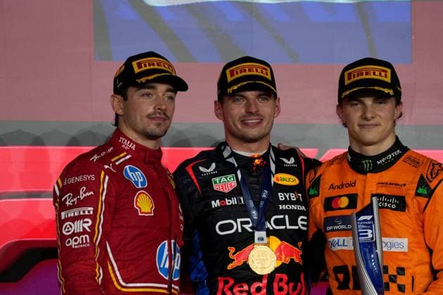 01 12 2024, Losail International Circuit, Doha, Formula 1 Qatar Airways Qatar Grand Prix 2024 ,in the picture winner Max Verstappen NLD , Oracle Red Bull Racing, 2nd place for Charles Leclerc MCO , Scuderia Ferrari HP, 3rd place for Oscar Piastri AUS , McLaren F1 Team Photo by Hasan Bratic DeFodi Images Defodi 506 20241201 hbr 3061 Defodi-506