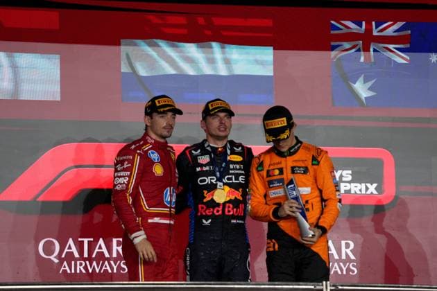 Formula 1 Qatar Airways Qatar Grand Prix 2024 01 12 2024, Losail International Circuit, Doha, Formula 1 Qatar Airways Qatar Grand Prix 2024 ,in the picture winner Max Verstappen NLD , Oracle Red Bull Racing, 2nd place for Charles Leclerc MCO , Scuderia Ferrari HP, 3rd place for Oscar Piastri AUS , McLaren F1 Team nordphotoxGmbHx xBratic nph00250