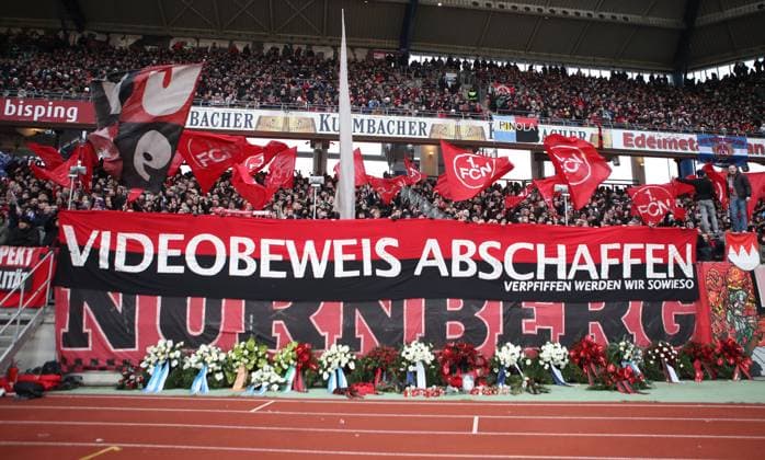 01 12 2024 Soccer season 2024 2025 2 Soccer Bundesliga 14 Matchday 1 FC Nürnberg FCN Club Fortuna Düsseldorf 1895 F95 Sportfoto Zink DaMa xdaxmax DFL regulations prohibit any use of photographs as image sequences and or quasi video only for editorial use Symbolbild Symbolfoto Feature Impression Spruchband Transparent Videobeweis abschaffen