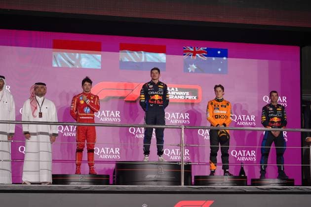 Formula 1 Qatar Airways Qatar Grand Prix 2024 01 12 2024, Losail International Circuit, Doha, Formula 1 Qatar Airways Qatar Grand Prix 2024 ,in the picture Posium , winner Max Verstappen NLD , Oracle Red Bull Racing, 2nd place for Charles Leclerc MCO , Scuderia Ferrari HP, 3rd place for Oscar Piastri AUS , McLaren F1 Team nordphotoxGmbHx xBratic nph00250