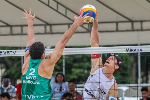 (241202) -- LAGUNA PROVINCE, Dec. 2, 2024 -- Timo Hammarberg (R) of Austria competes against Joaquin Bello of England during the Men s 3rd place match between Javier Bello Joaquin Bello of England and Philipp Waller Timo Hammarberg of Germany at the 2024 Volleyball World Beach Pro Tour Challenge in Laguna Province, the Philippines on Dec. 1, 2024. ) (SP)PHILIPPINES-LAGUNA PROVINCE-VOLLEYBALL WORLD BEACH PRO TOUR CHALLENGE ROUELLExUMALI 