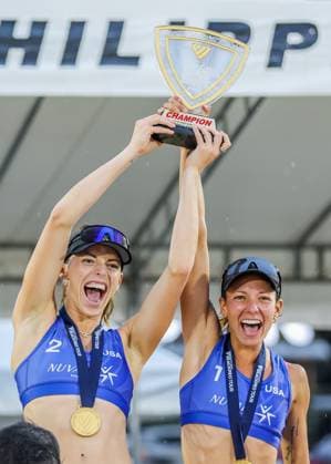 (241202) -- LAGUNA PROVINCE, Dec. 2, 2024 -- Gold medalists Molly Shaw(R) Toni Rodriguez of the United States celebrate during the awarding ceremony after the women s final against Noa Sonneville Brecht Piersma of the Netherlands at the 2024 Volleyball World Beach Pro Tour Challenge in Laguna Province, the Philippines on Dec. 1, 2024. ) (SP)PHILIPPINES-LAGUNA PROVINCE-VOLLEYBALL WORLD BEACH PRO TOUR CHALLENGE ROUELLExUMALI 