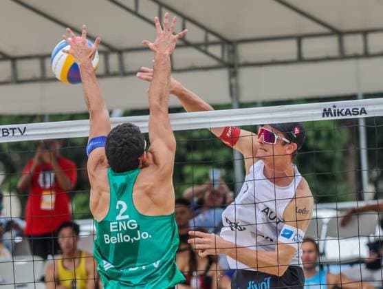 (241202) -- LAGUNA PROVINCE, Dec. 2, 2024 -- Timo Hammarberg (R) of Austria competes against Joaquin Bello of England during the Men s 3rd place match between Javier Bello Joaquin Bello of England and Philipp Waller Timo Hammarberg of Germany at the 2024 Volleyball World Beach Pro Tour Challenge in Laguna Province, the Philippines on Dec. 1, 2024. ) (SP)PHILIPPINES-LAGUNA PROVINCE-VOLLEYBALL WORLD BEACH PRO TOUR CHALLENGE ROUELLExUMALI 