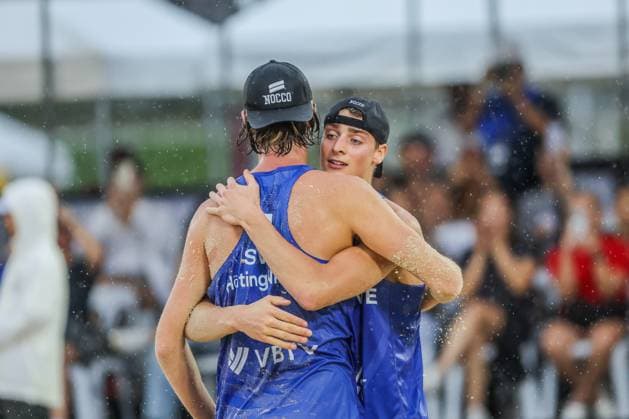 (241202) -- LAGUNA PROVINCE, Dec. 2, 2024 -- Jacob Holting Nilsson Elmer Andersson (back) of Sweden celebrate after winning the Men s final between Jacob Holting Nilsson Elmer Andersson of Sweden and Paul Henning Tamo Wust of Germany at the 2024 Volleyball World Beach Pro Tour Challenge in Laguna Province, the Philippines on Dec. 1, 2024. ) (SP)PHILIPPINES-LAGUNA PROVINCE-VOLLEYBALL WORLD BEACH PRO TOUR CHALLENGE ROUELLExUMALI 