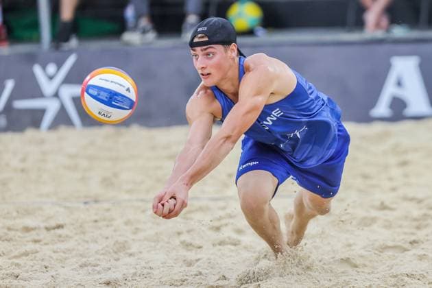 (241202) -- LAGUNA PROVINCE, Dec. 2, 2024 -- Elmer Andersson of Sweden competes during the Men s final between Jacob Holting Nilsson Elmer Andersson of Sweden and Paul Henning Tamo Wust of Germany at the 2024 Volleyball World Beach Pro Tour Challenge in Laguna Province, the Philippines on Dec. 1, 2024. ) (SP)PHILIPPINES-LAGUNA PROVINCE-VOLLEYBALL WORLD BEACH PRO TOUR CHALLENGE ROUELLExUMALI 