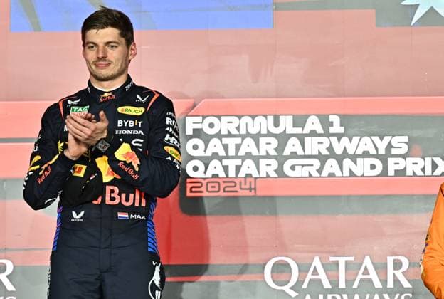 FORMULA ONE QATAR GRAND PRIX 2024 The winner Netherlands Formula One driver Max Verstappen of Red Bull Racing celebrates on the podium after after the Formula 1 Grand Prix of Qatar at Lusail International Circuit in Lusail, Qatar,, on December 1, 2024. DOHA Qatar Copyright: xNOUSHADx