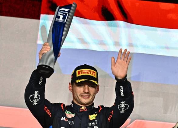 FORMULA ONE QATAR GRAND PRIX 2024 The winner Netherlands Formula One driver Max Verstappen of Red Bull Racing celebrates with trophy on the podium after after the Formula 1 Grand Prix of Qatar at Lusail International Circuit in Lusail, Qatar,, on December 1, 2024. DOHA Qatar Copyright: xNOUSHADx