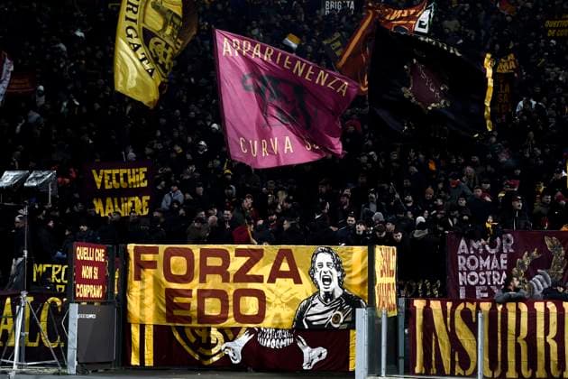 AS Roma fans show a banner dedicated to Edoardo Bove of ACF Fiorentina during the Serie A football match between AS Roma and Atalanta BC at Olimpico stadium in Rome (Italy), December 2, 2024. andreaxstaccioli