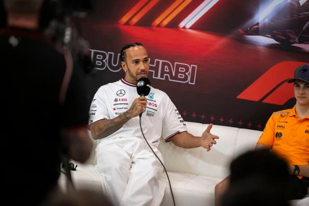 December 5, 2024, Abu Dhabi, United Arab Emirates: LEWIS HAMILTON (GBR) of Mercedes-AMG 44 speaks his his last press conference, PK, Pressekonferenz as a Mercedes driver before switching to Scuderia Ferrari during media day of the 2024 Formula 1 Abu Dhabi Grand Prix at the Yas Marina Circuit. Abu Dhabi United Arab Emirates - ZUMAb177 20241205_aap_b177_013 Copyright: xTaidghxBarronx