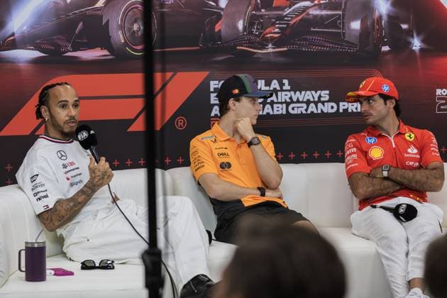 Yas Marina Circuit, Abu Dhabi, United Arab Emirates 5.December.2024; Lewis Hamilton, Oscar Piastri and Carlos Sainz jr attend the press conference, PK, Pressekonferenz during Formula One Abu Dhabi GP  (275324687)