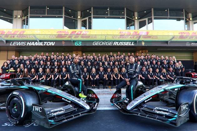 Lewis Hamilton of Great Britain and Mercedes AMG Petronas F1 Team and George Russell of Great Britain and Mercedes AMG Petronas F1 Team gestures, gestures, previews, F1 Grand Prix of Abu Dhabi, Yas Marina Circuit on 05 December 2024 in Abu Dhabi, United Arab Emirates Photo by Diogo Cardoso DeFodi Images Lewis Hamilton of Great Britain and Mercedes AMG Petronas F1 Team and George Russell of Great Britain and Mercedes AMG Petronas F1 Team pose for the end of the season team photo, Previews, F1 Grand Prix of Abu Dhabi, Yas Marina Circuit on December 5, 2024 in Abu Dhabi, United Arab Emirates Photo by Diogo Cardoso DeFodi Images Defodi 645 f1abu20241205 002 Defodi-645