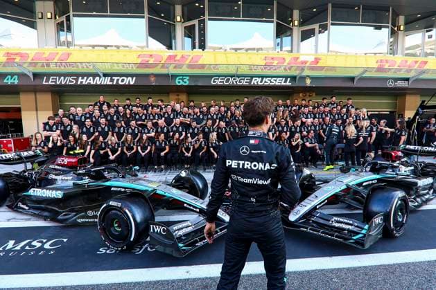 George Russell of Great Britain and Mercedes AMG Petronas F1 Team gestures, Gestures, Previews, F1 Grand Prix of Abu Dhabi, Yas Marina Circuit on 05 December 2024 in Abu Dhabi, United Arab Emirates Photo by Diogo Cardoso DeFodi Images George Russell of Great Britain and Mercedes AMG Petronas F1 Team pose for the end of the season team photo, Previews, F1 Grand Prix of Abu Dhabi, Yas Marina Circuit on December 5, 2024 in Abu Dhabi, United Arab Emirates Photo by Diogo Cardoso DeFodi Images Defodi 645 f1abu20241205 025 Defodi-645