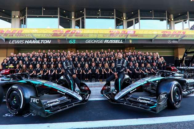 Lewis Hamilton of Great Britain and Mercedes AMG Petronas F1 Team and George Russell of Great Britain and Mercedes AMG Petronas F1 Team gestures, gestures, previews, F1 Grand Prix of Abu Dhabi, Yas Marina Circuit on 05 December 2024 in Abu Dhabi, United Arab Emirates Photo by Diogo Cardoso DeFodi Images Lewis Hamilton of Great Britain and Mercedes AMG Petronas F1 Team and George Russell of Great Britain and Mercedes AMG Petronas F1 Team pose for the end of the season team photo, Previews, F1 Grand Prix of Abu Dhabi, Yas Marina Circuit on December 5, 2024 in Abu Dhabi, United Arab Emirates Photo by Diogo Cardoso DeFodi Images Defodi 645 f1abu20241205 034 Defodi-645