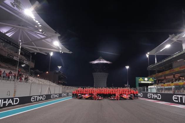 05 12 2024, Yas Marina Circuit, Abu Dhabi, Formula 1 Etihad Airways Abu Dhabi Grand Prix 2024 , in the picture final photo of Ferrari with Charles Leclerc MCO , Scuderia Ferrari HP, his brother Arthur Leclerc and Carlos Sainz Jr ESP , Scuderia Ferrari HP Photo by Hasan Bratic DeFodi Images Defodi 506 20241205 hbr 1432