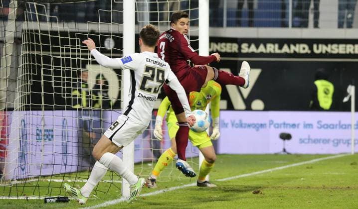 06 12 2024, xmohx, Soccer 2 Bundesliga, SV Elversberg 1 FC Nürnberg emspor, v l Nürnbergs Danilo Soares clears in highest distress in front of Tom Zimmerschied Elversberg and deflects the ball to the post DFL DFB REGULATIONS PROHIBIT ANY USE OF PHOTOGRAPHS as IMAGE SEQUENCES and or QUASI VIDEO Elversberg