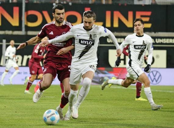 06 12 2024, xmohx, Soccer 2 Bundesliga, SV Elversberg 1 FC Nürnberg emspor, v l Julian Justvan Nürnberg , Frederik Schmahl Elversberg DFL DFB REGULATIONS PROHIBIT ANY USE OF PHOTOGRAPHS as IMAGE SEQUENCES and or QUASI VIDEO Elversberg