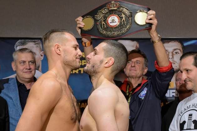 Sport Themen der Woche KW 49 Sport Bilder des Tages GER, Nienburg (Saale), SES, Boxen, Offizielles Wiegen, Official Weigh-In, Bernstein Acamed Resort - Erlebnis- und Wellnesshotel, WBA Continental Championship Super Middleweight zwischen Artur Reis - GER vs. Artur Henrik - GER, im Bild v.l.: Artur Reis - GER vs. Artur Henrik - GER, 06.12.2024 *** GER, Nienburg Saale , SES, Boxing, Official Weigh In, Official Weigh In, Bernstein Acamed Resort Erlebnis und Wellnesshotel, WBA Continental Championship Super Middleweight between Artur Reis GER vs Artur Henrik GER, pictured v l Artur Reis GER vs Artur Henrik GER, 06 12 2024 Copyright: HMBxMedia UwexKoch