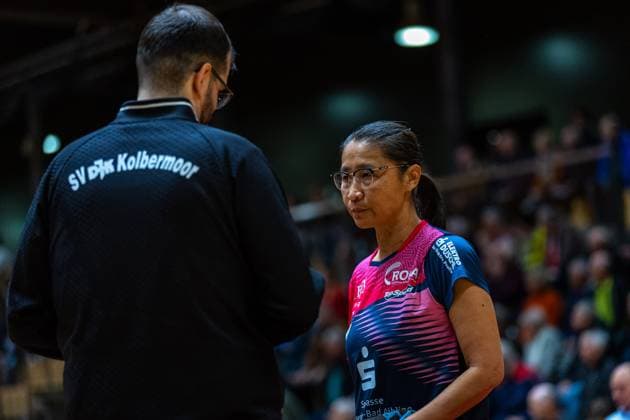 Qianhong Gotsch, SV DJK Kolbermoor with coach Dr Michael Fuchs, SV DJK Kolbermoor , SV DJK Kolbermoor vs TTC Berlin eastside , Table Tennis, 1 Bundesliga Women, 7 Matchweek, 2024 2025, 06 12 2024, SV DJK Kolbermoor vs TTC Berlin eastside , Table Tennis, 1 Bundesliga Women, 7 Matchweek, 2024 2025, 06 12 2024, Kolbermoor Copyright: xEibner-Pressefoto MateuszxJopx EP_MJP